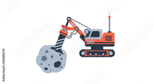 Heavy Machinery Excavator Lifting Asteroid on Lunar Surface Illustration from Side View