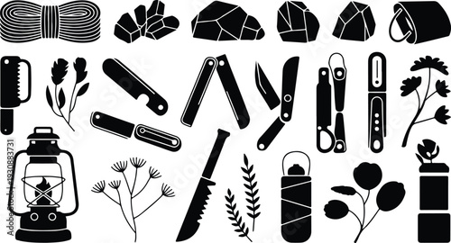 Set of 25 black and white camping and hiking icons vector