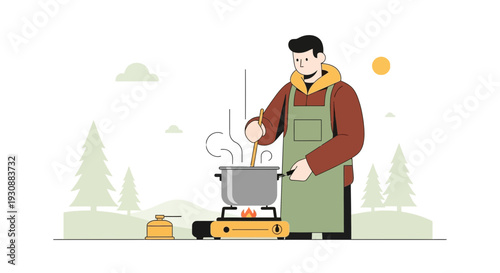 Man Cooking Outdoors At Campsite With Portable Stove