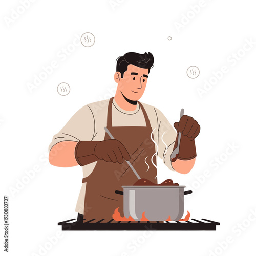 Man Cooking Delicious Meal In A Pot On A Stove Top With Steam Rising