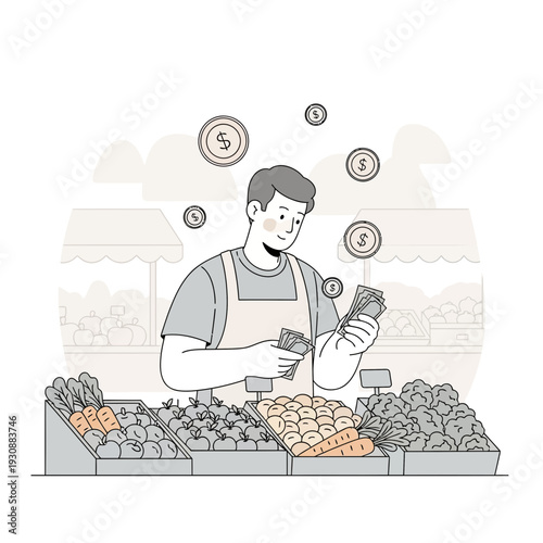 Man Counting Money At Outdoor Fresh Produce Market Stall Transaction