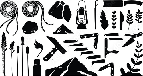 Set of 30 Black and White Camping and Hiking Icons Vector