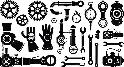 Set of 30 Steampunk Mechanical Parts and Tools Vector Icons