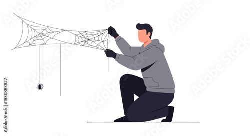 Man Decorating With Spooky Spiderweb For Halloween Celebration