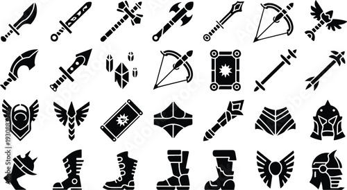 Set of 30 Black Fantasy Weapon and Armor Icons Vector