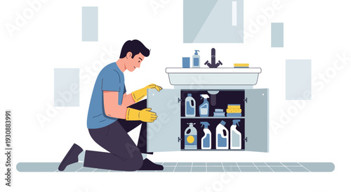 Man Cleaning Under Sink Organizing Household Supplies