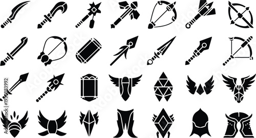 Set of 30 Fantasy Weapon and Armor Icons Vector