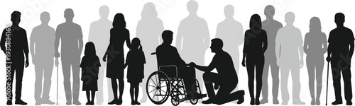 Diverse Group of People Silhouettes Including Person in Wheelchair, Children, and Elderly Representing Social Inclusion, Community Support, Diversity and Accessibility