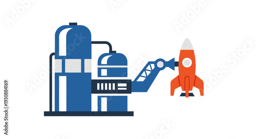 Industrial facility illustration launching a rocket into space showcasing technology and innovation