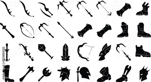 Set of 36 Fantasy Game Weapon and Armor Icons Vector