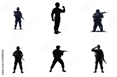 Soldier Silhouettes in Various Poses Vector Illustration