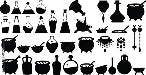 Set of 45 Black Magic Potion Bottles and Witchcraft Cauldrons Vector Icons