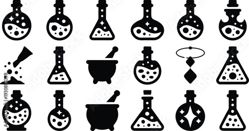 Set of 18 Alchemy Potion Bottle and Mortar Pestle Icons Vector