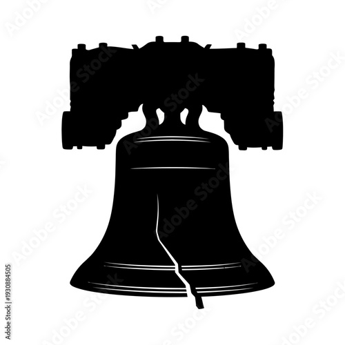 Silhouette of a cracked historic bell hanging from a wooden yoke.