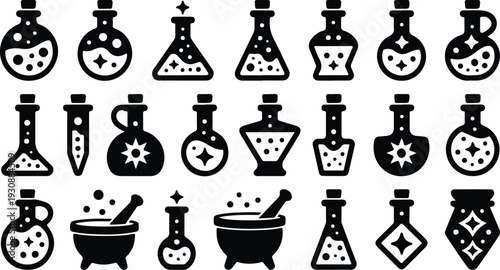 Set of 24 Magic Potion Bottle and Mortar Vector Icons