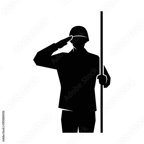 Silhouette of a soldier saluting while holding a flagpole.