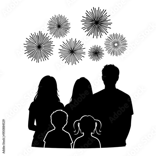 Silhouette of a family watching fireworks in the night sky.