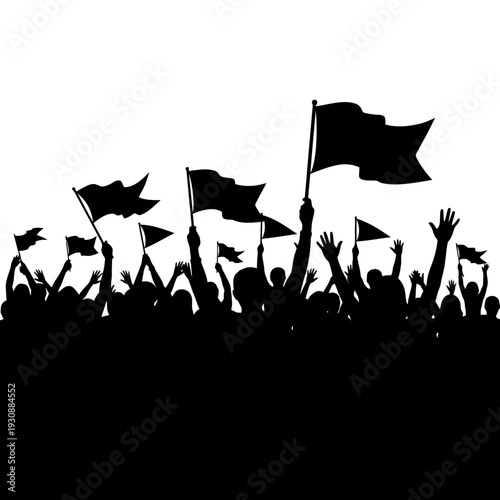 Silhouetted crowd waving flags and cheering at a public rally.