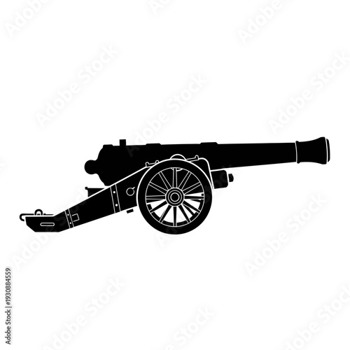 Black silhouette of a historic field cannon on wooden carriage.