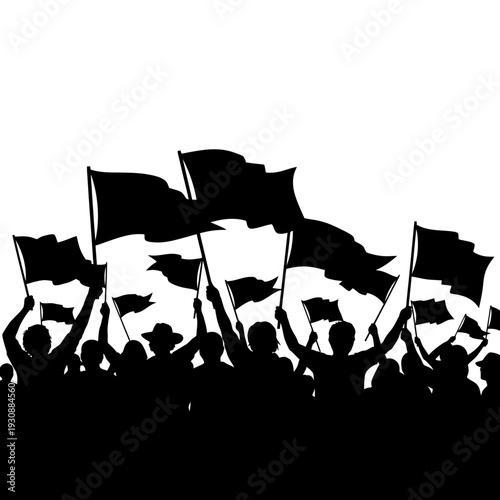 Silhouette of a cheering crowd waving flags in a protest or rally scene.