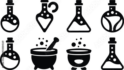 Set of 8 Black and White Potion Bottle and Cauldron Icons Vector