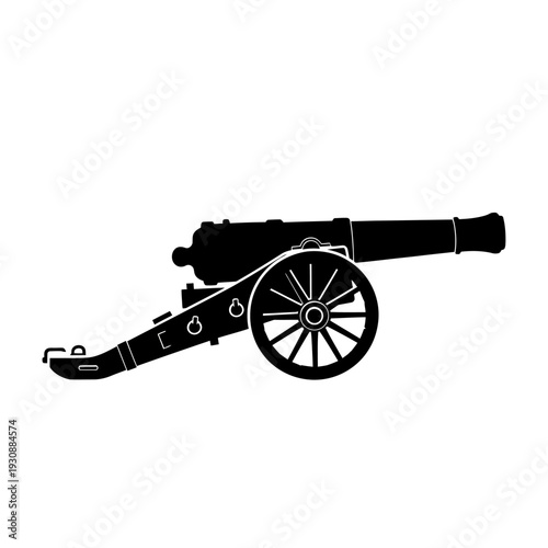 Vintage black silhouette of a historical cannon artillery on carriage display.