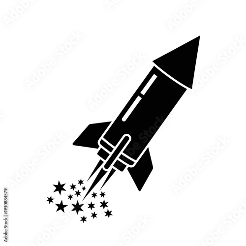 Black rocket icon launching with starry trail.