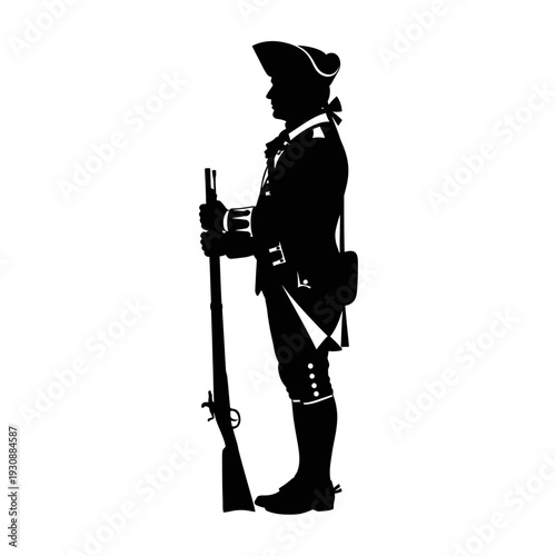 Silhouette of a colonial soldier holding a musket standing in profile with historical uniform.