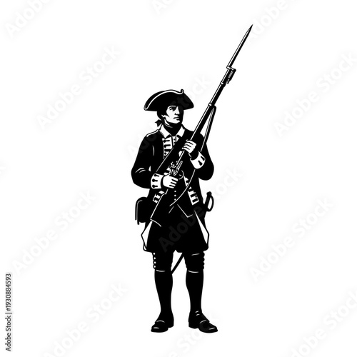 Black and white illustration of colonial infantryman with musket.
