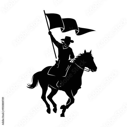 Black silhouette of a mounted cavalry soldier carrying flag.