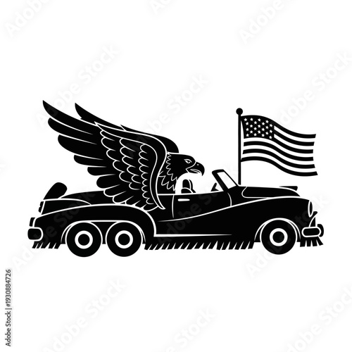 Vintage convertible roadster with winged design driven by an eagle and flying American flag.