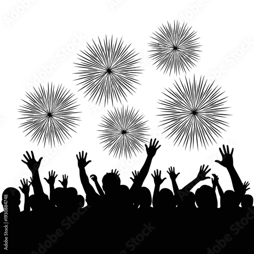 Silhouetted crowd reaching up toward fireworks bursts in monochrome night celebration.
