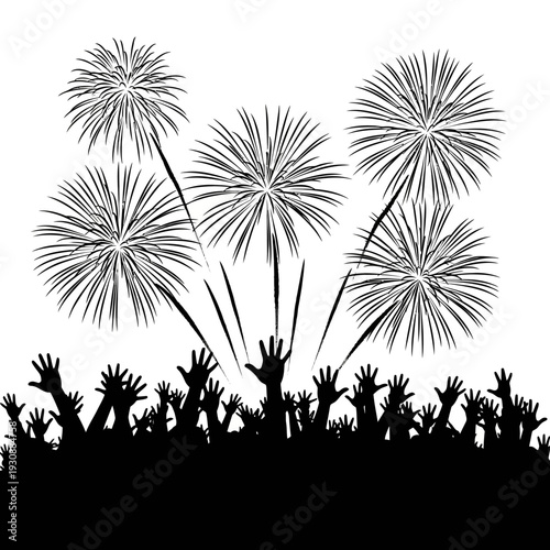 Silhouette crowd cheering under bursting fireworks and sparklers.