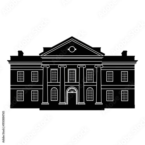 Black silhouette of a neoclassical government building facade illustration.