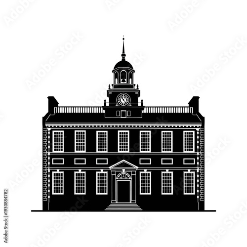 Black silhouette of a historic Georgian building with central cupola and symmetrical facade.