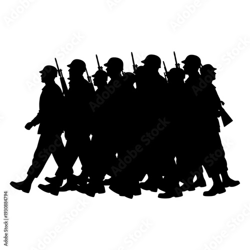 Silhouetted group of soldiers marching in uniform carrying rifles across a plain.
