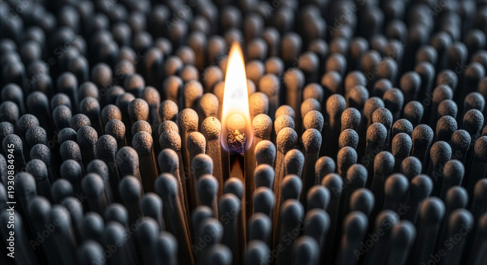 Obraz premium Single lit matchstick standing out among unlit matches symbolizing hope and individuality in darkness