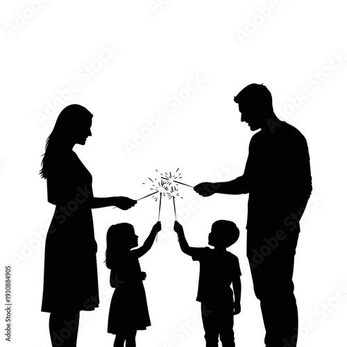 Silhouette of a family with two children holding sparklers on a dark background.