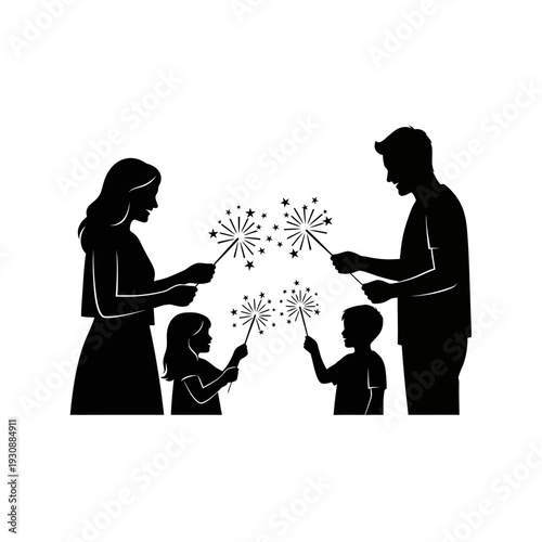 Silhouette family celebrating with sparklers on a festive evening.