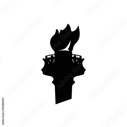 Silhouette of a torch flame and ornate torch holder against white background.