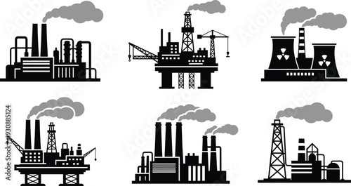 Industrial factory and energy plant icons set with oil rig, nuclear power station, manufacturing buildings, smoke stacks, and offshore drilling platforms.