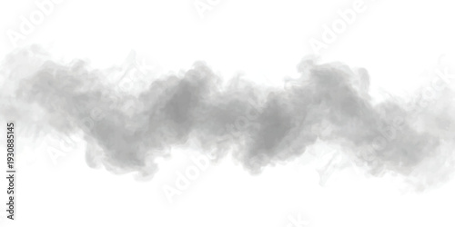 A horizontal, undulating wisp of grey smoke or fog isolated on a white background.
