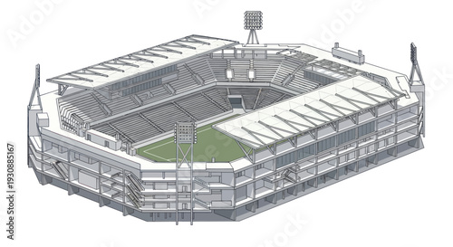 Detailed architectural drawing of a modern sports stadium with a green field.