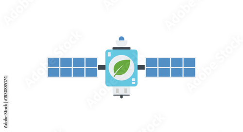 Satellite illustration with solar panels and green leaf emblem in space environment