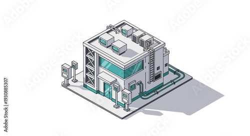 Isometric Data Center Building Illustration with Modern Technology Elements.