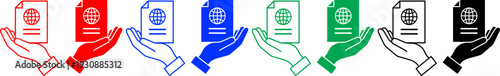 Passport held in hand icon set red blue green and black color outline vector illustrations