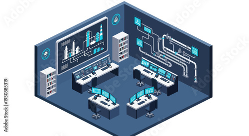 Isometric Control Room with Multiple Workstations and Large Display Screens.