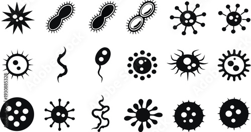 set of black silhouette microorganism.