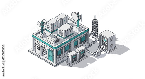 Isometric Data Center Building with Server Racks and Antennas.