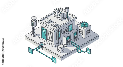 Isometric Data Center Building with Network Connections and Servers.